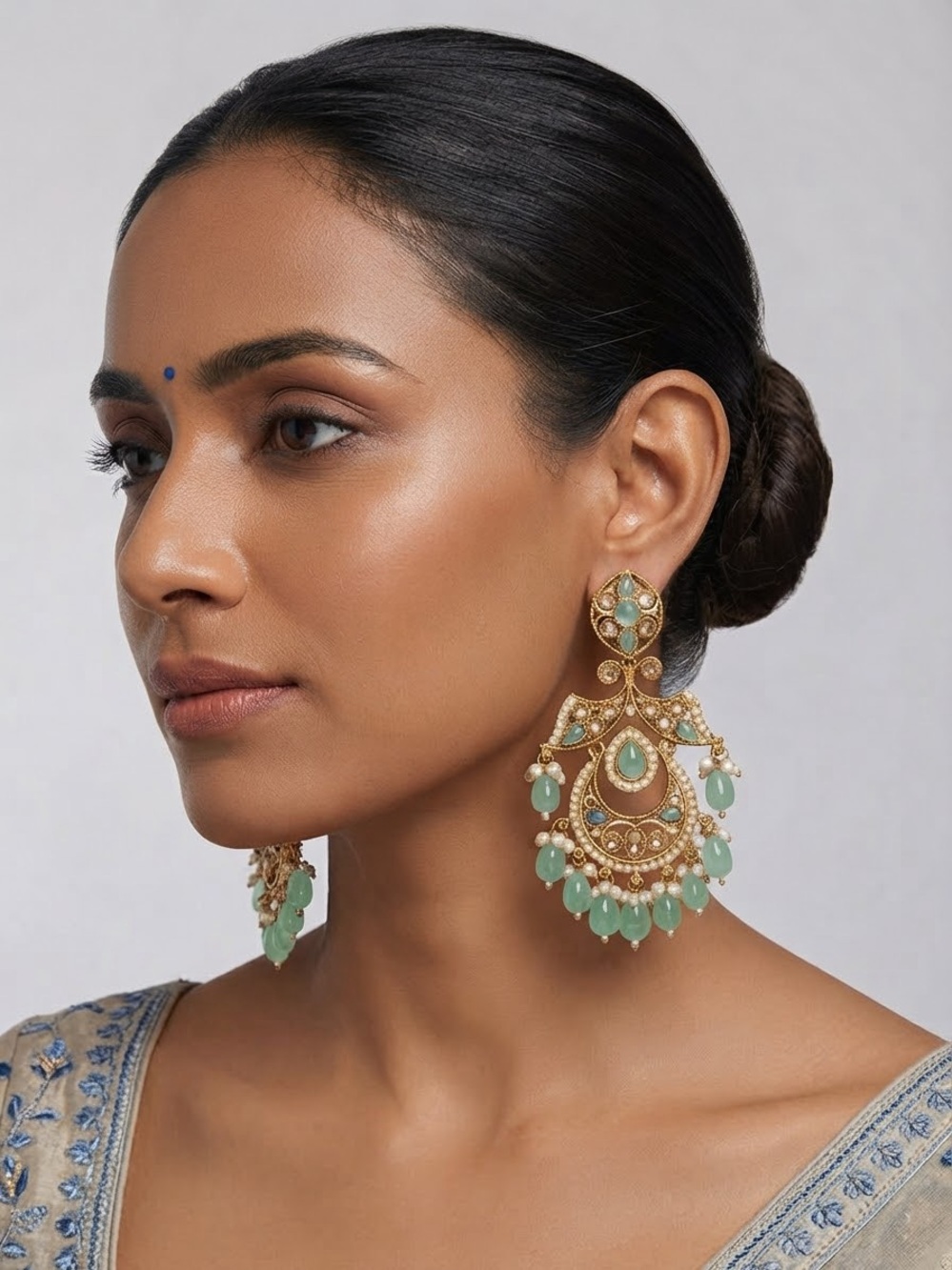 Gold and Mint Green Statement Chandbali Earrings